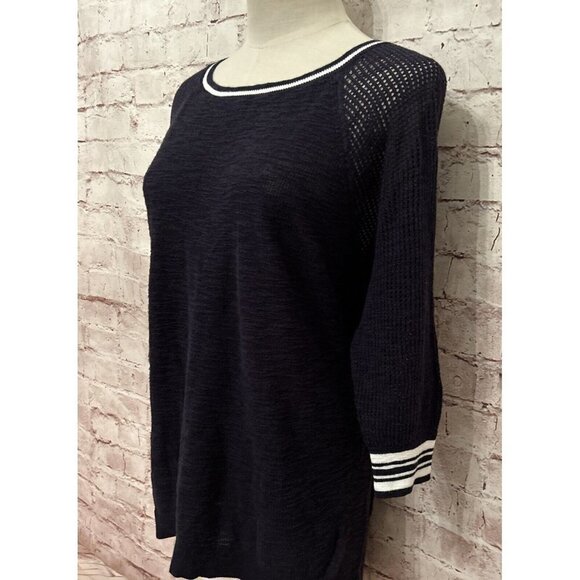 Express Womens Sweater Top L Open Knit Mesh Short Sleeve Boxy Dark Blue White - Picture 3 of 4